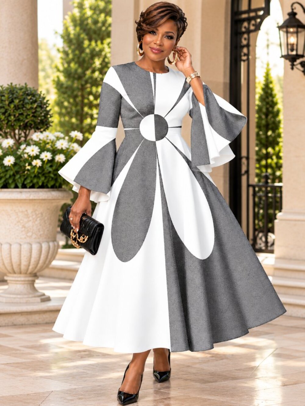 Elegant Gray White Geometric Print Flared Maxi Dress Bell Sleeves